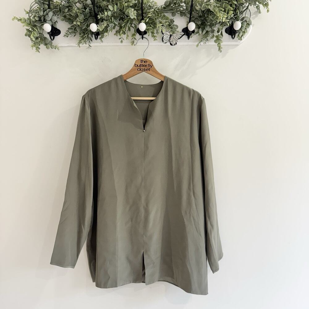 Peter Cohen Olive Green Satin 100% Silk V Neck Tunic Minimalist Luxury Designer